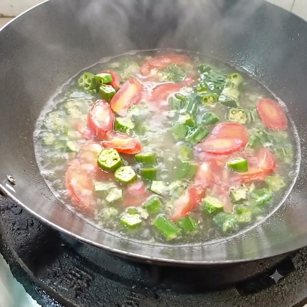 Boiling water being poured into the wok with stir-fried vegetables.