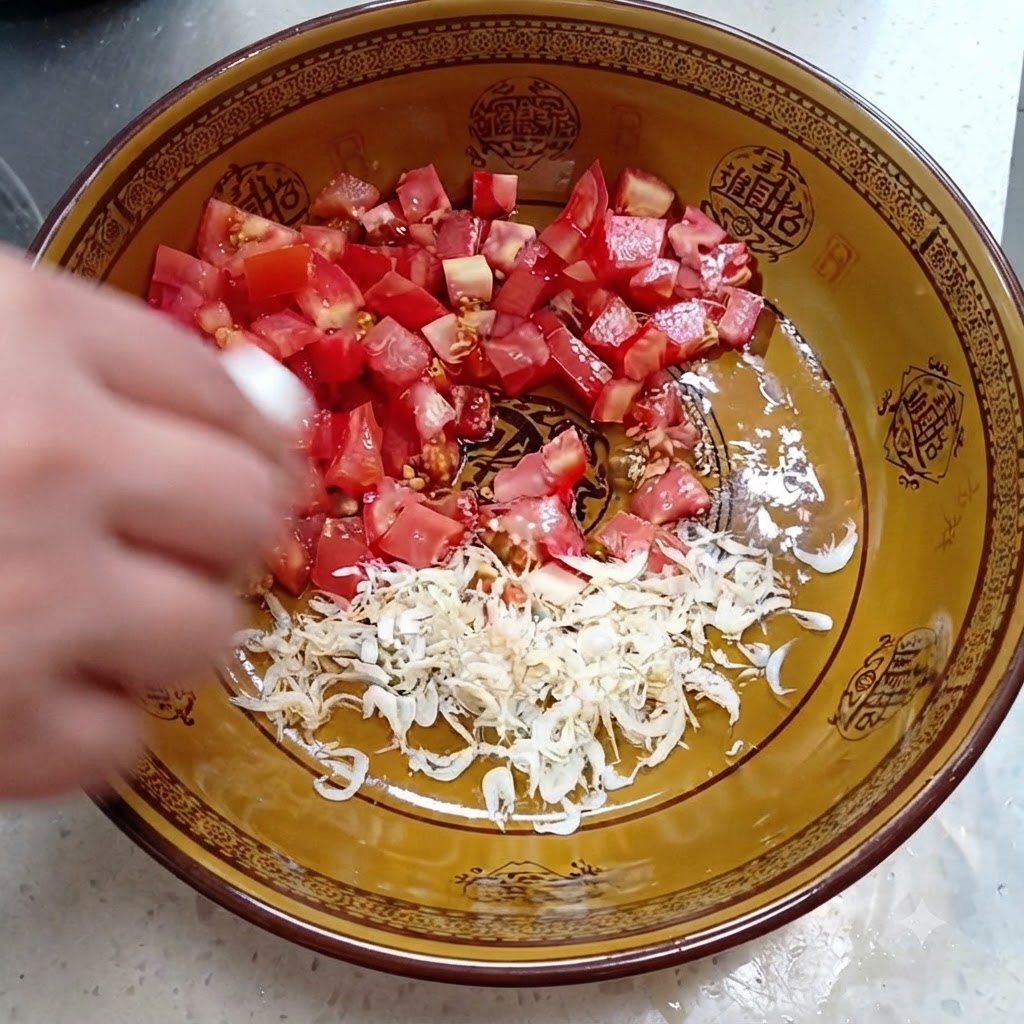 Diced tomatoes and dried shrimp in a bowl being seasoned with salt and sugar.