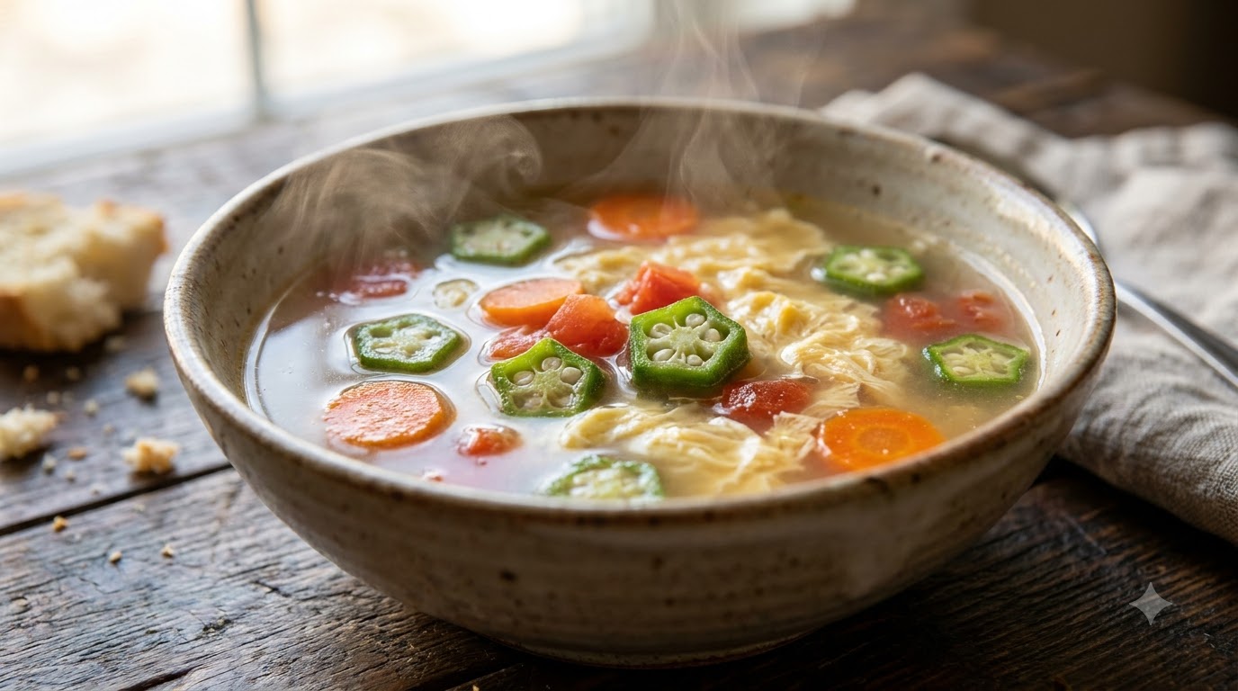 Okra and Tomato Soup with Egg Ribbons