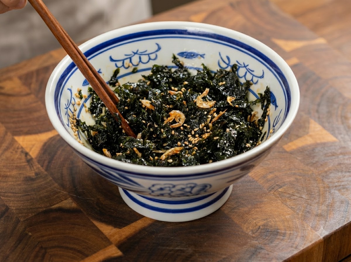 The mixed seaweed and sauce mixture being poured and spread over the arranged halved okra in the serving dish.