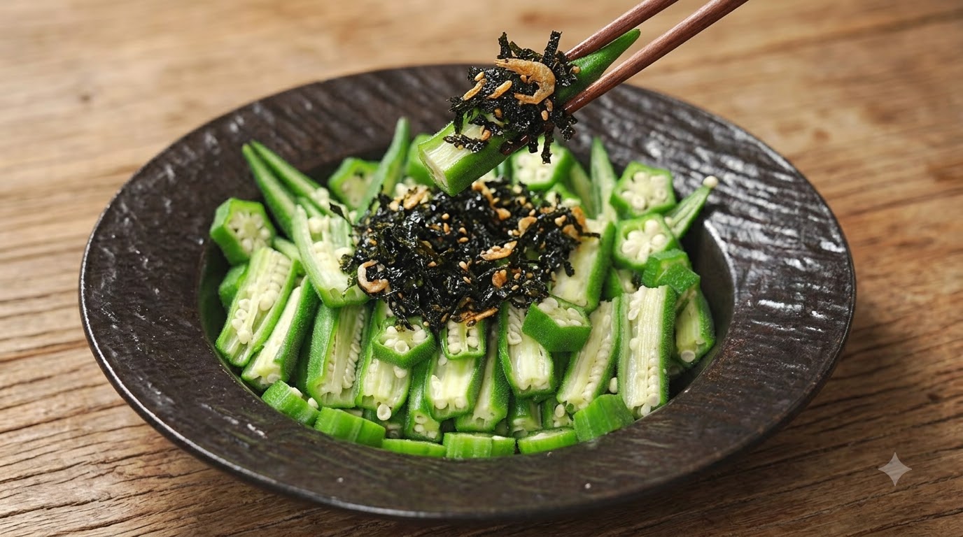 Cold Okra with Crispy Seaweed and Lemon Dressing