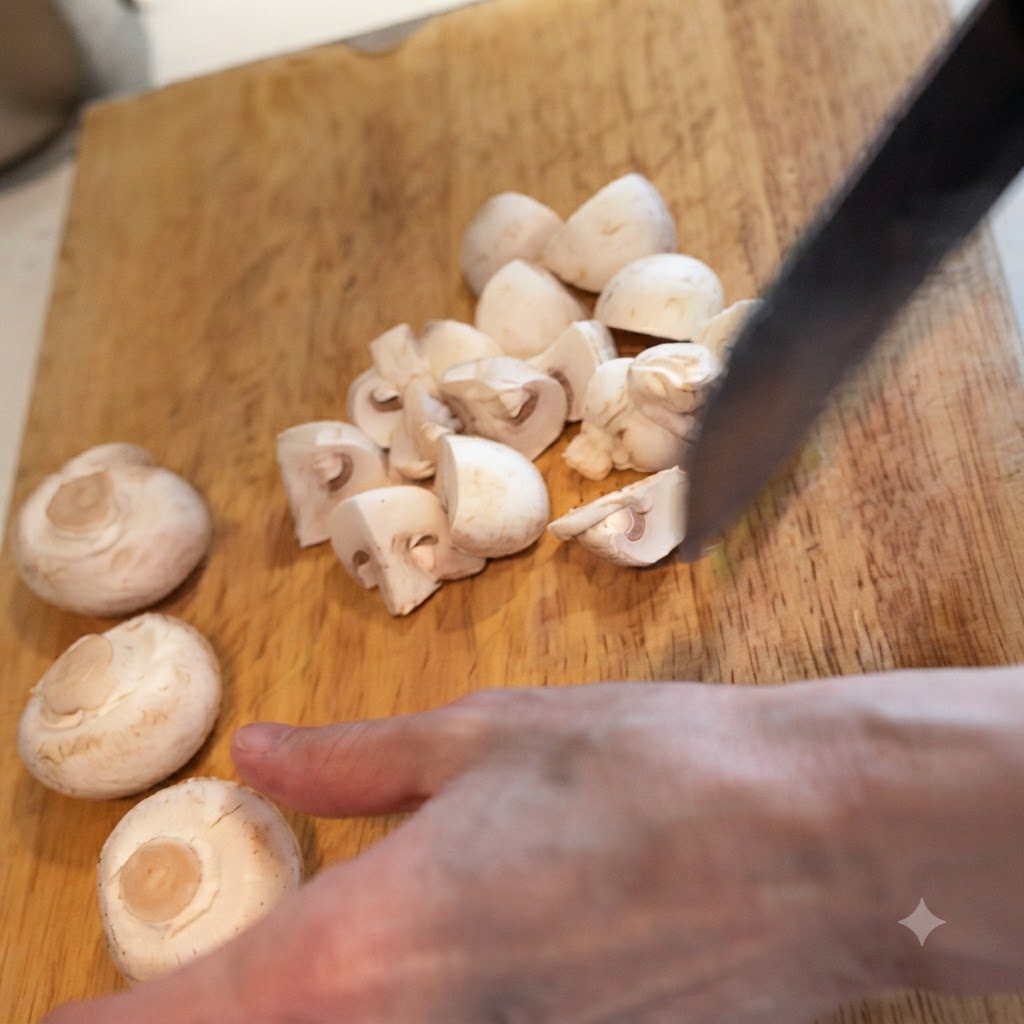 Bacon slices being chopped into smaller pieces with a sharp knife on a wooden cutting board.