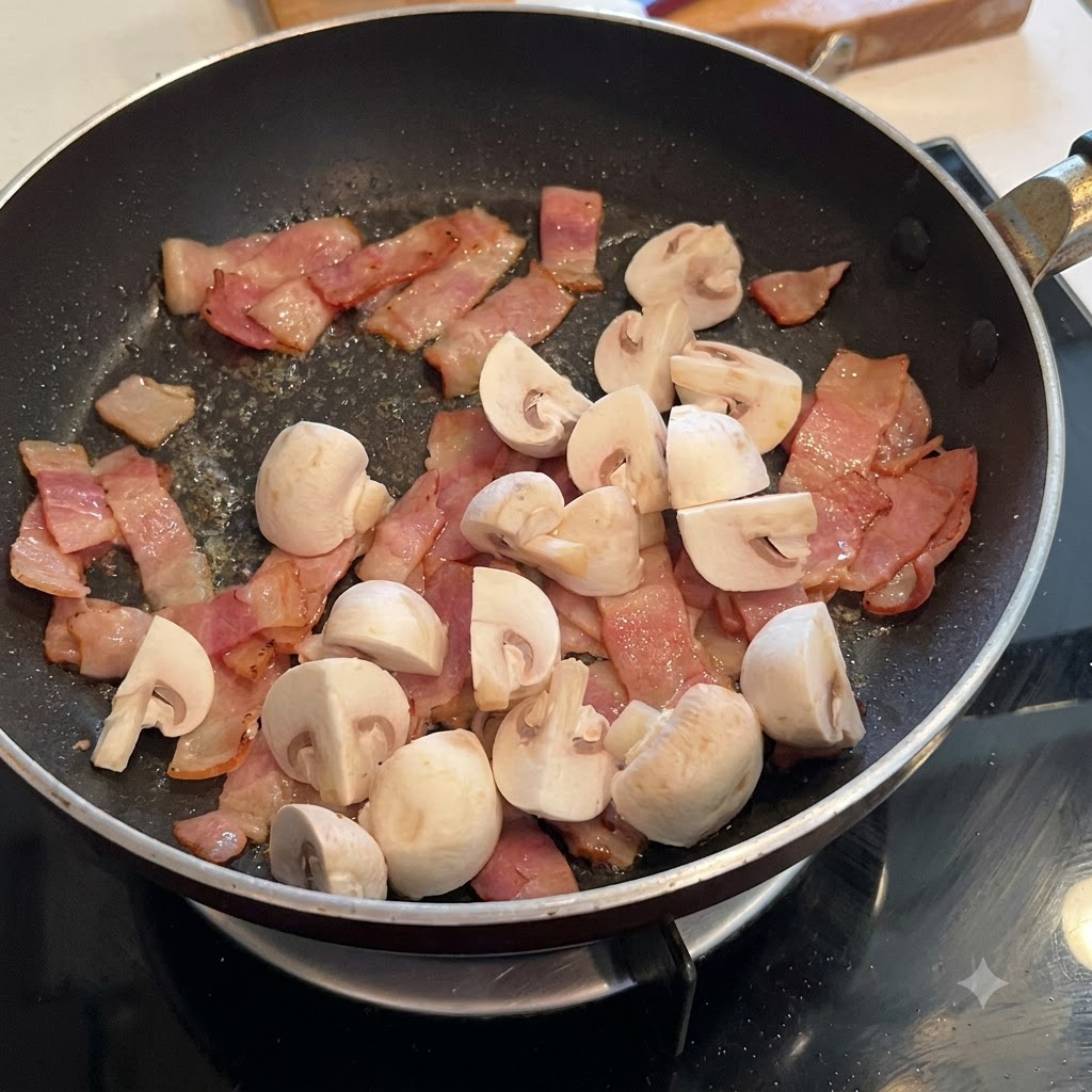 White mushroom pieces mixed with bacon in a pan, seasoned with black pepper and salt.
