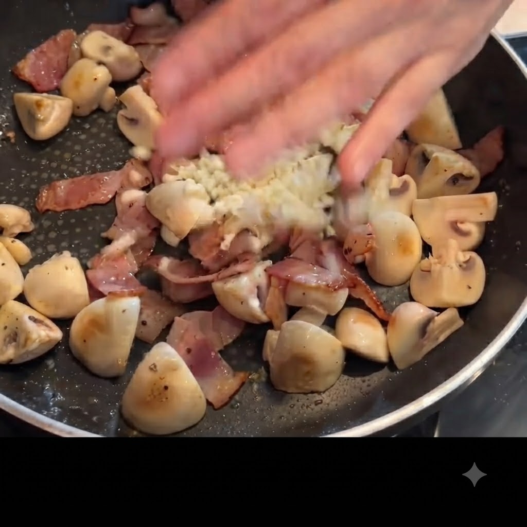 Fresh minced garlic being dropped onto the mushroom and bacon mixture in the frying pan.