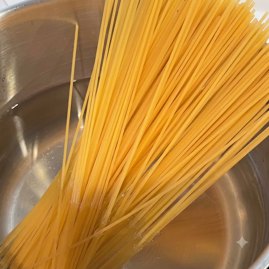 A bunch of dry spaghetti noodles poised above a pot of steaming boiling water.