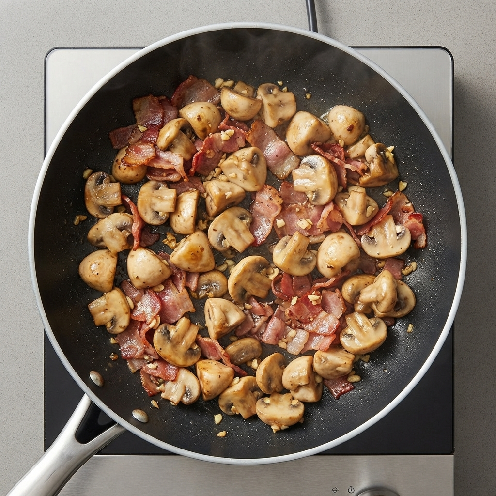 Rich heavy cream and white wine being poured over sautéed mushrooms and bacon in a skillet.