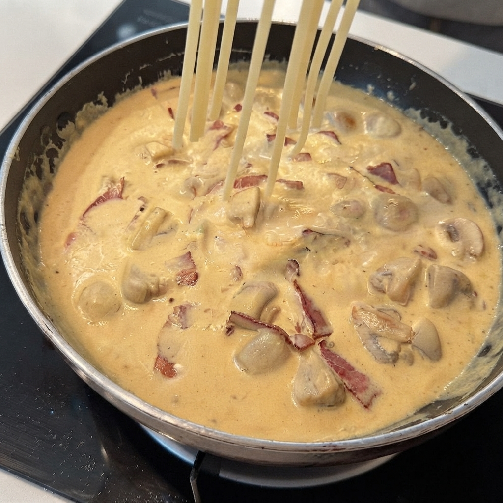 Freshly cooked spaghetti noodles being dropped into a pan filled with bubbling creamy sauce.