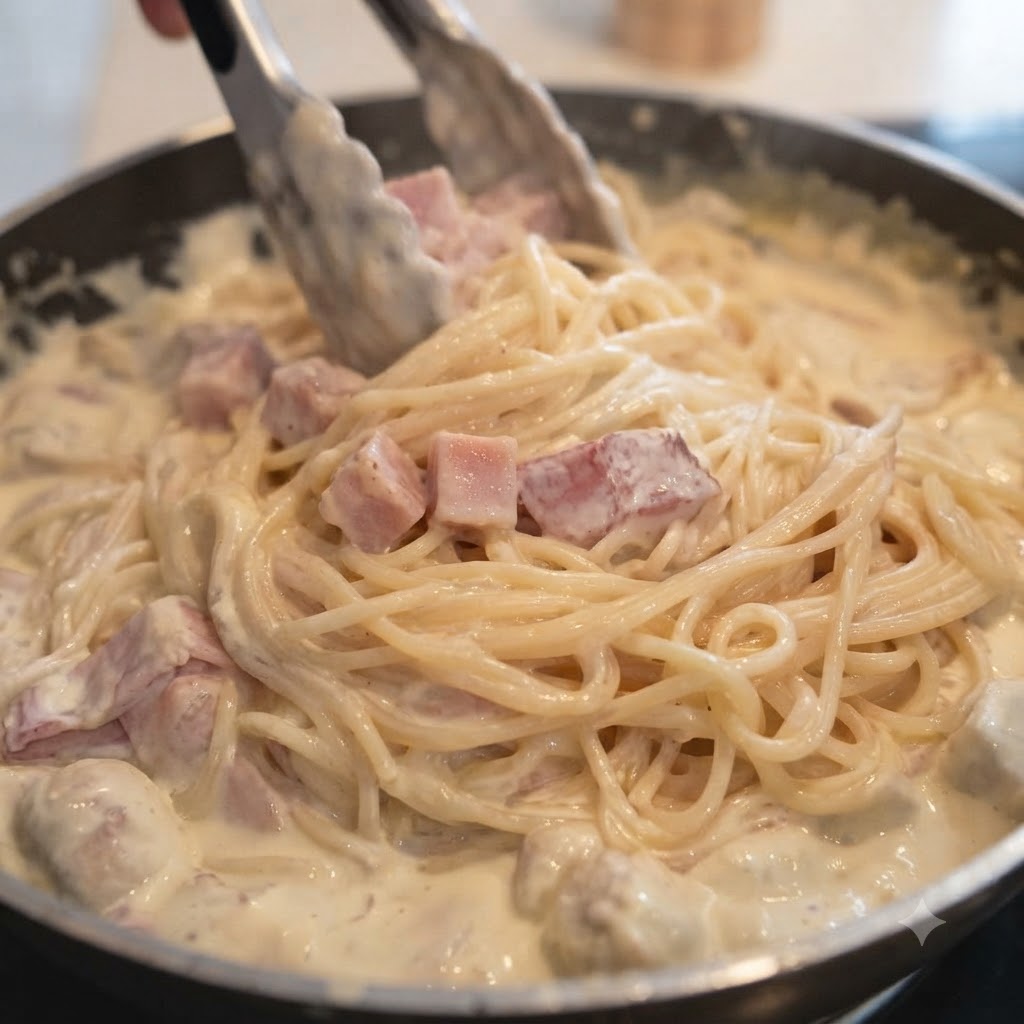 Spaghetti pasta and creamy sauce being mixed together with kitchen tongs in a skillet.
