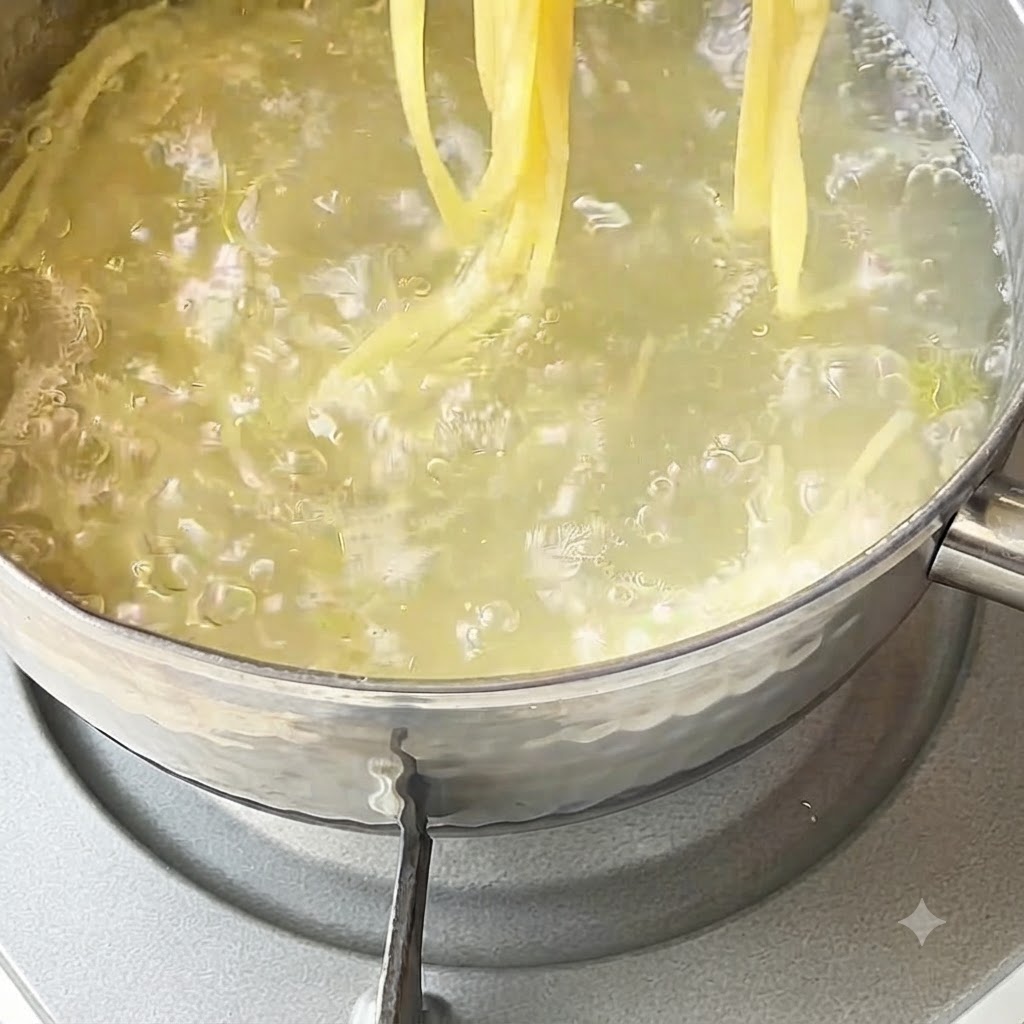 Cooked spaghetti being rinsed with cold water using kitchen tongs.