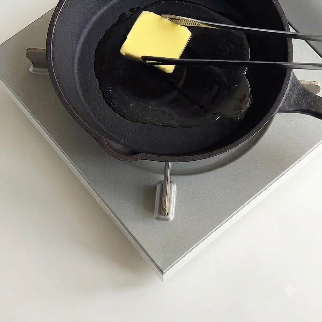 Butter melting in a hot cast-iron pan.