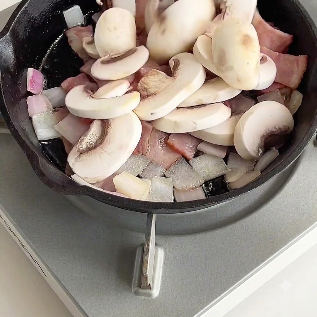 Sliced white mushrooms placed into a skillet with bacon and onion pieces.