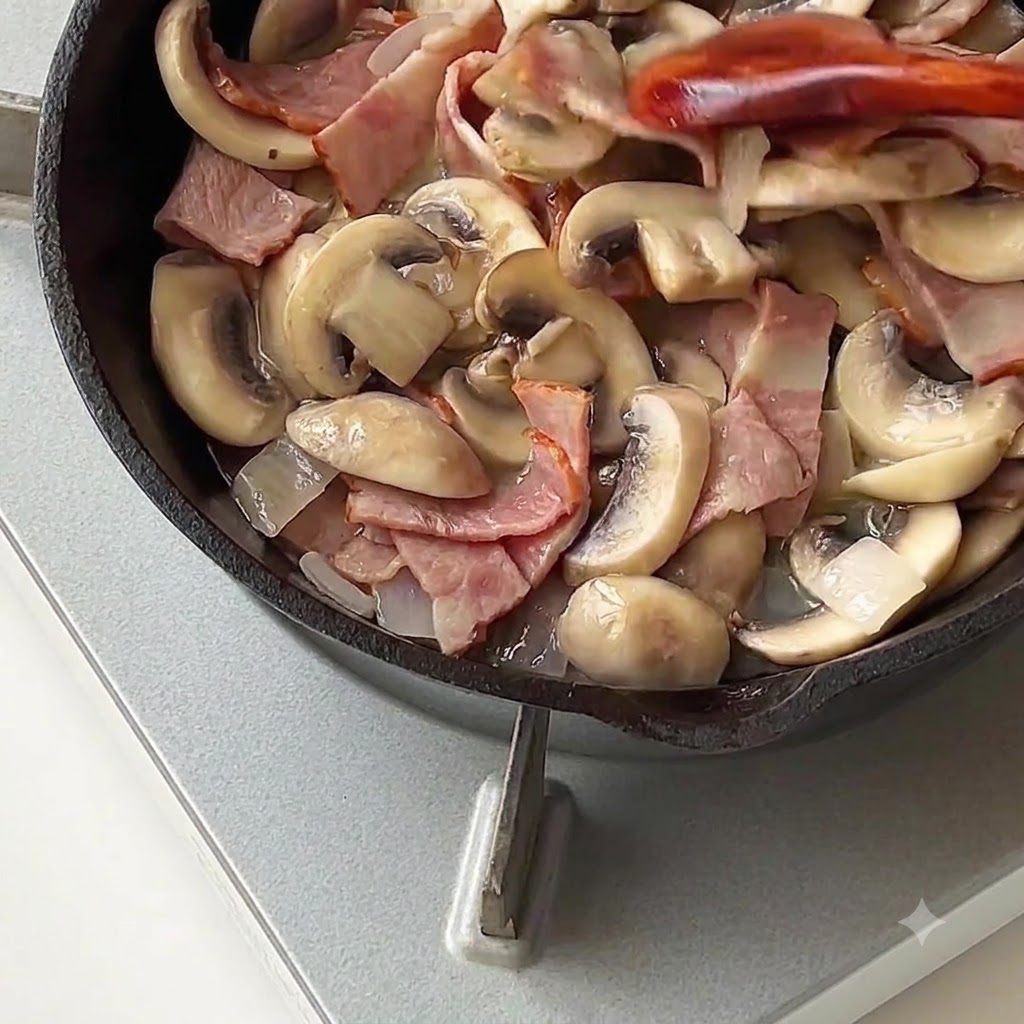 Sea salt and black pepper being seasoned onto the cooking mixture inside a skillet.