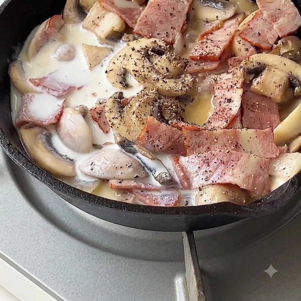 Milk and cream being poured into a pan with bacon and mushrooms.