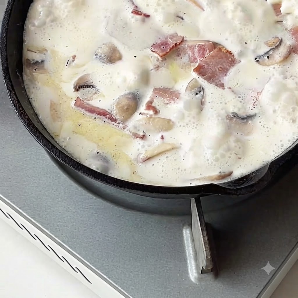 Cooked pasta being added to a simmering creamy white sauce in a skillet.