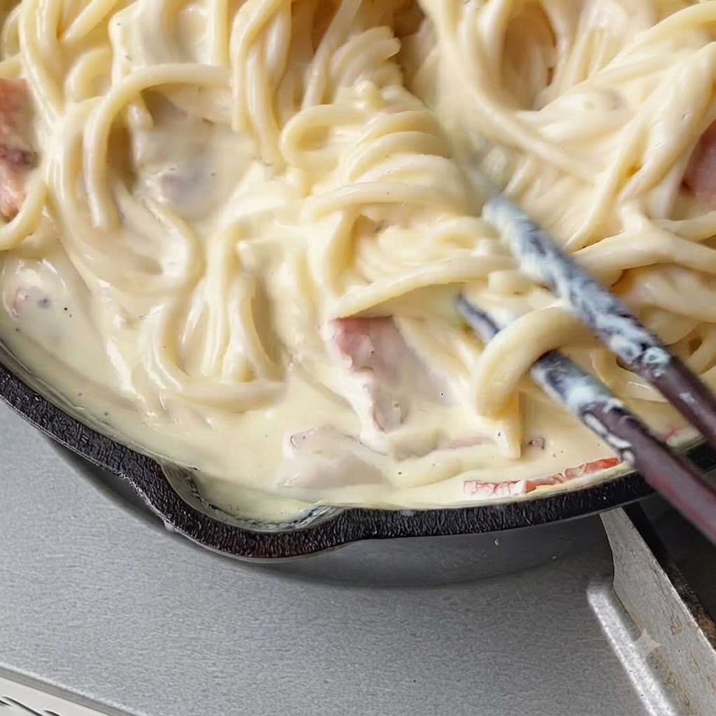 Pasta being tossed and mixed into a creamy sauce using kitchen utensils.