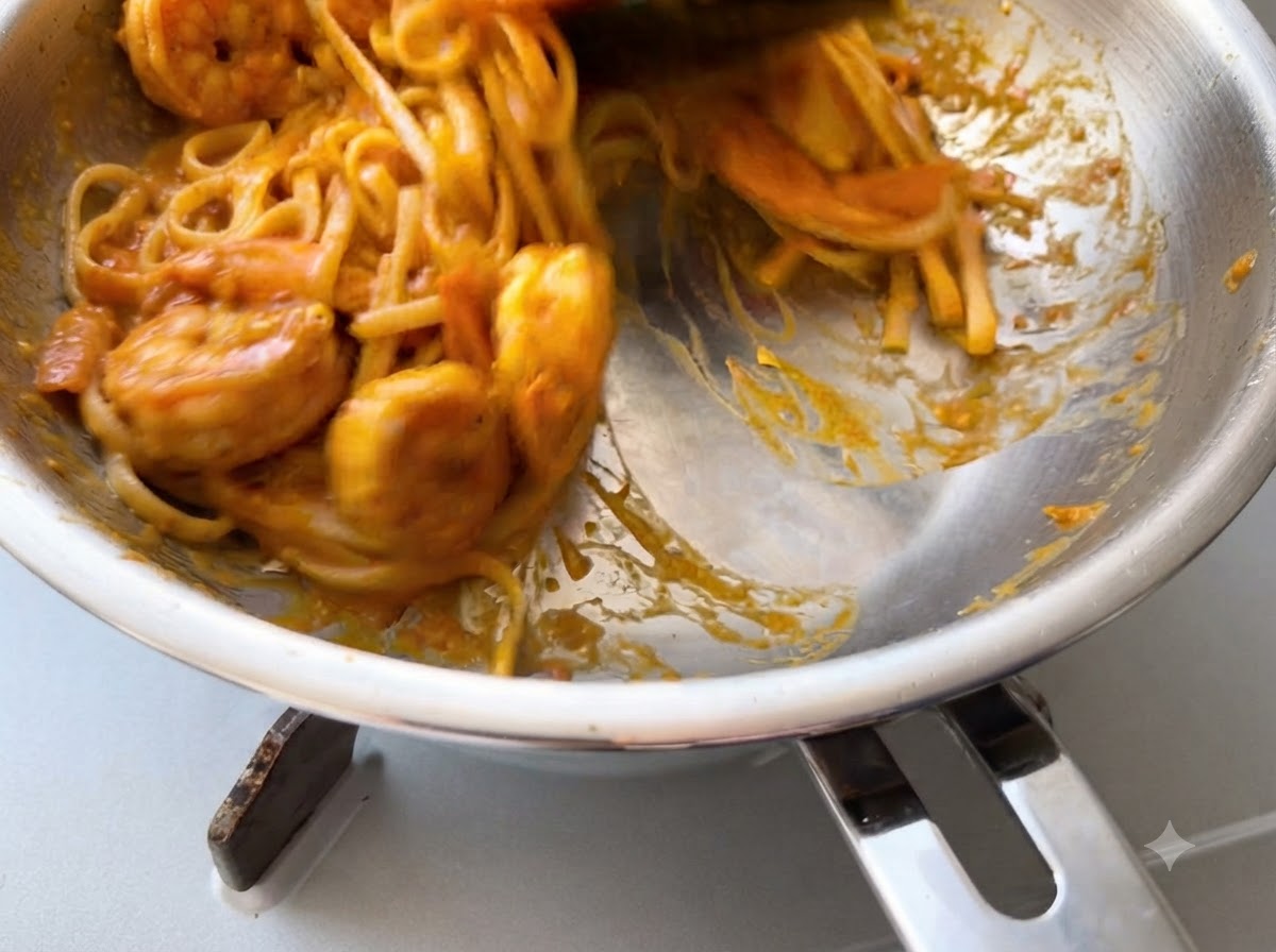 Cooked pasta being mixed and tossed together with a thick tomato sauce inside a large skillet.
