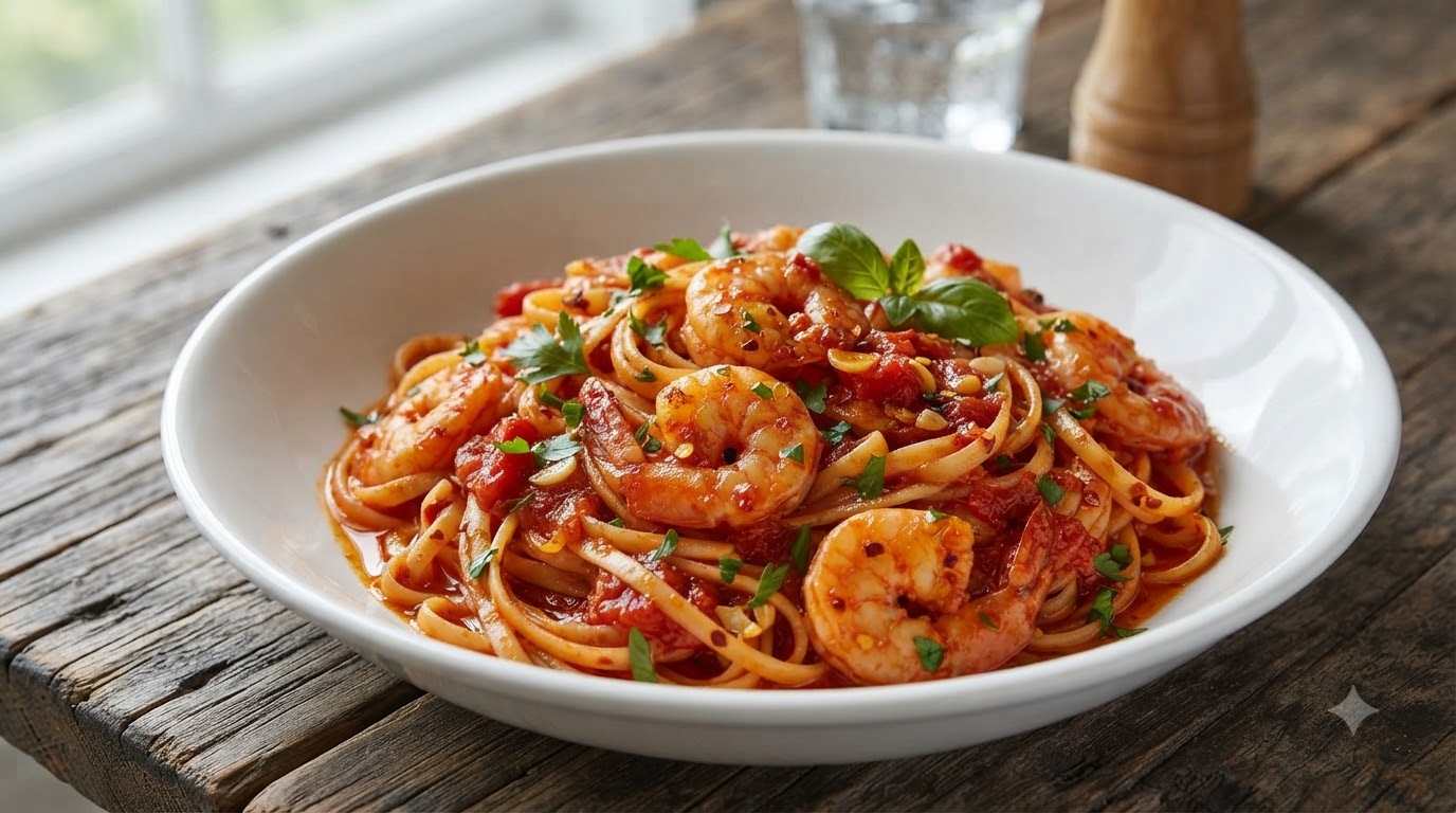 Garlic Chili Tomato Pasta with Shrimp