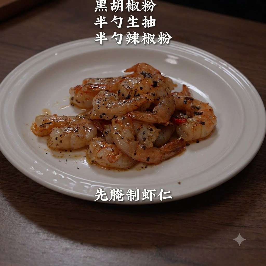 A close-up view of seasoned shrimp on a white plate mixed with black pepper and spices.