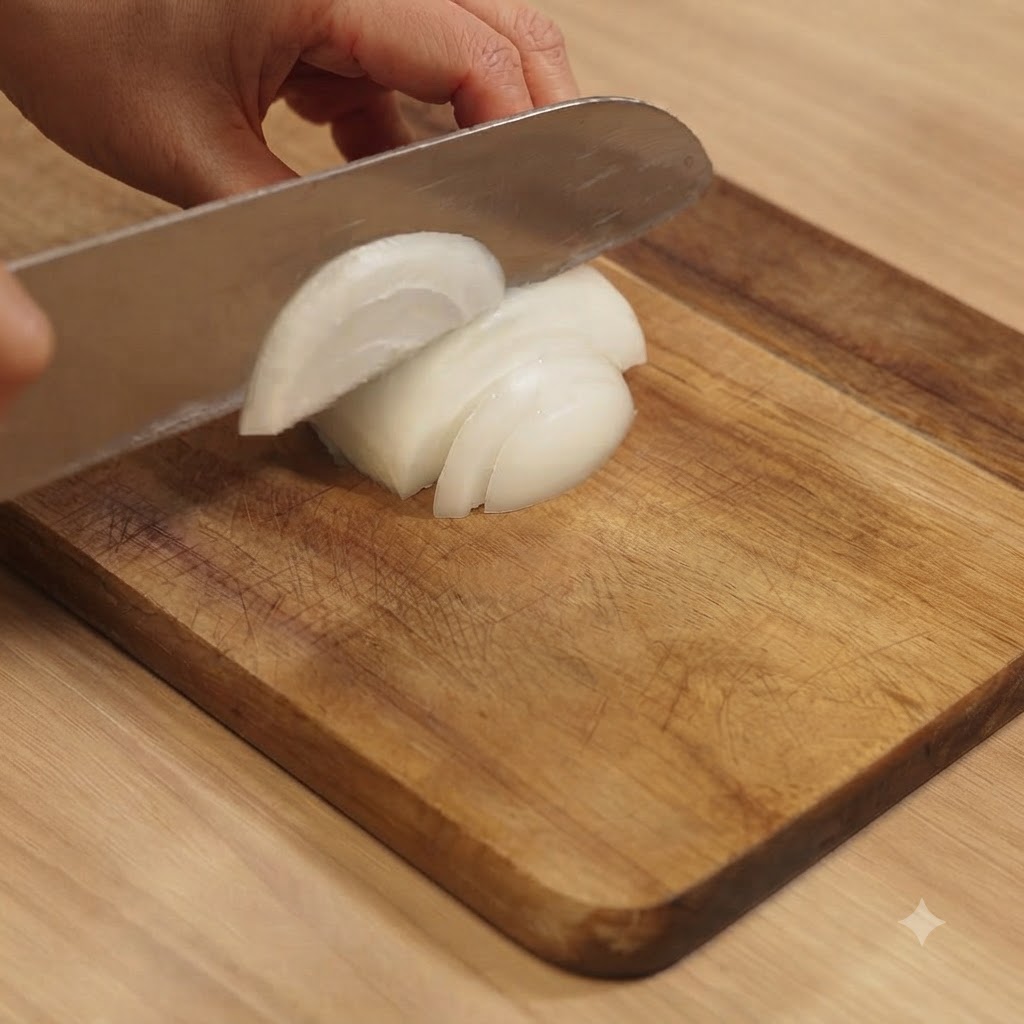 An onion being cut into slices with a sharp kitchen knife on a wooden board.