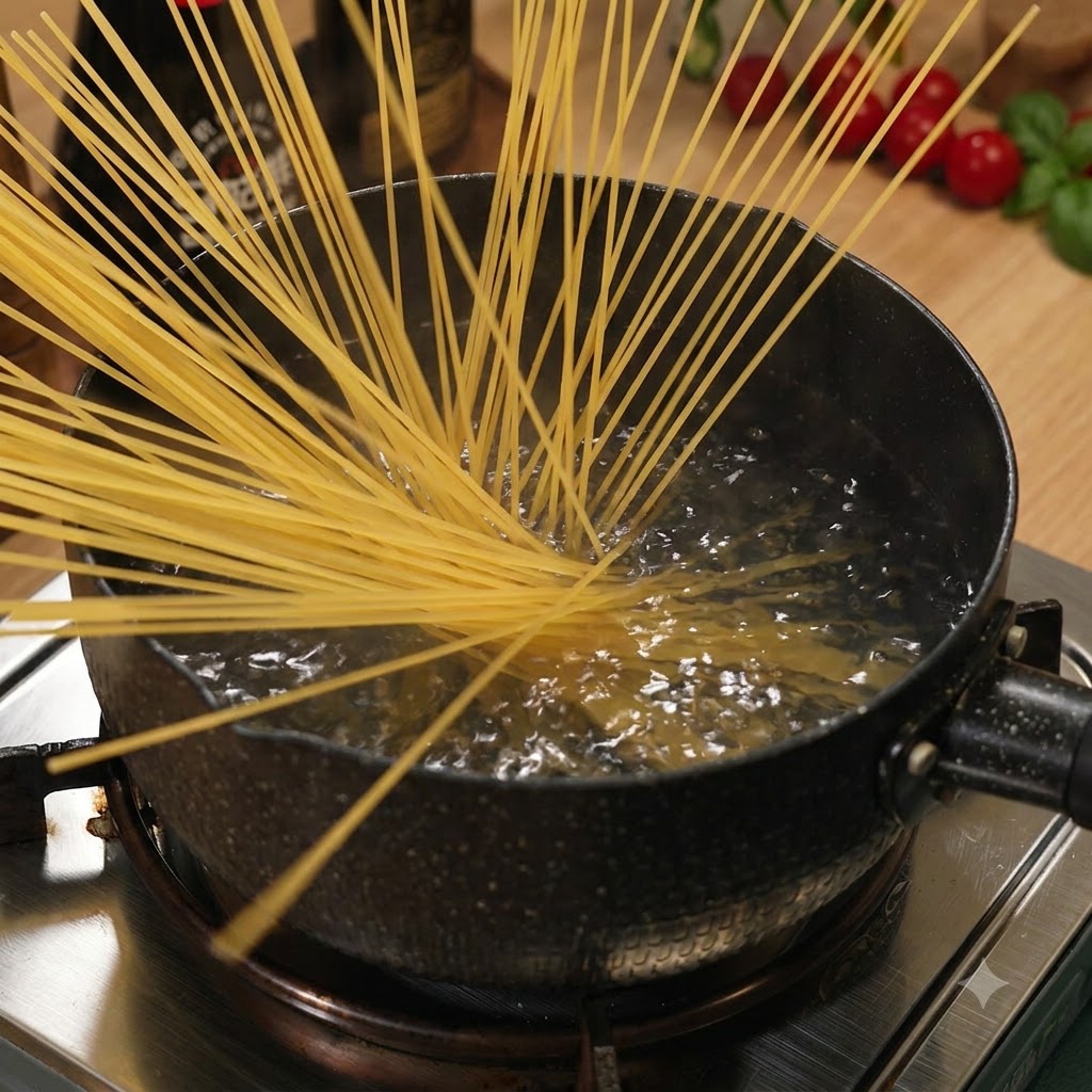 Spaghetti noodles cooking and softening inside a pot of boiling water on a stove.