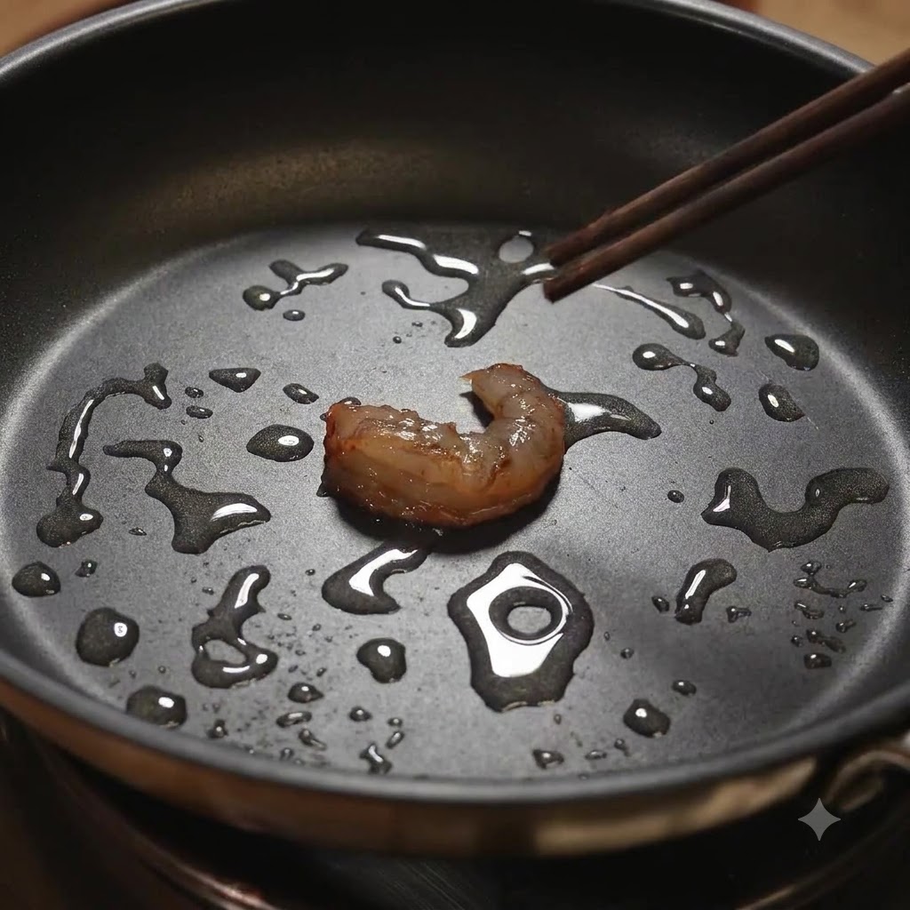 A single piece of shrimp being turned with chopsticks in an oiled frying pan.