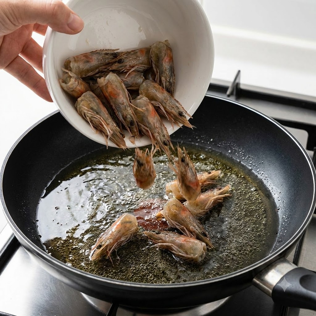 Shrimp heads being poured from a white bowl into a pan of bubbling oil to extract flavor.