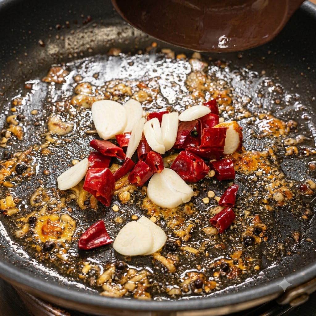 Garlic slices, dried red chilies, and onions frying together in an oily pan.