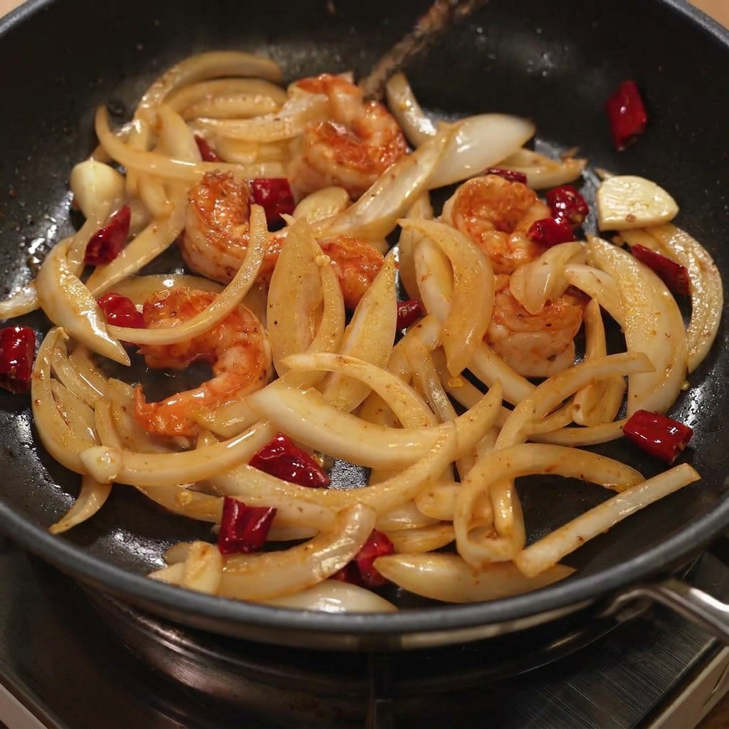 White wine and Korean hot sauce being poured and mixed into the pan with shrimp and onions.