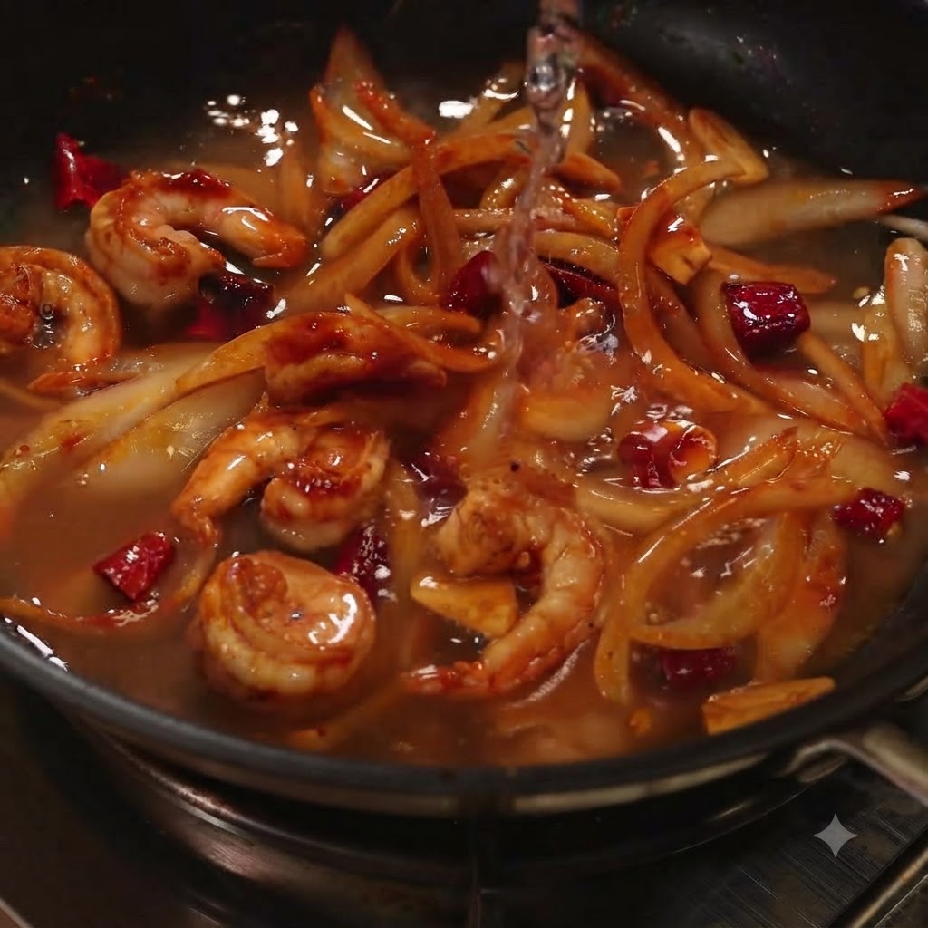 Boiling water, heavy cream, and milk being poured into the pan over the cooked ingredients.