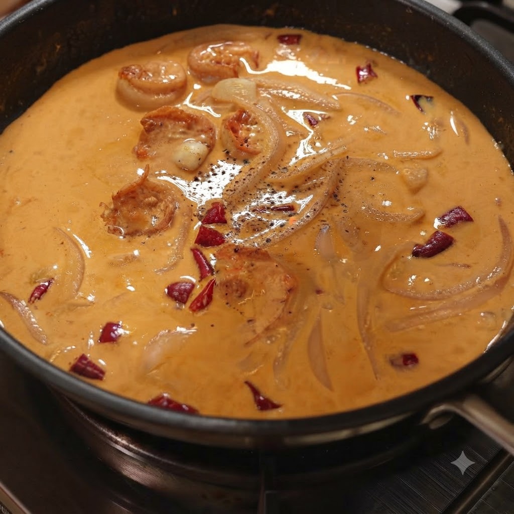 Sea salt and black pepper sprinkled across the surface of the bubbling creamy sauce.