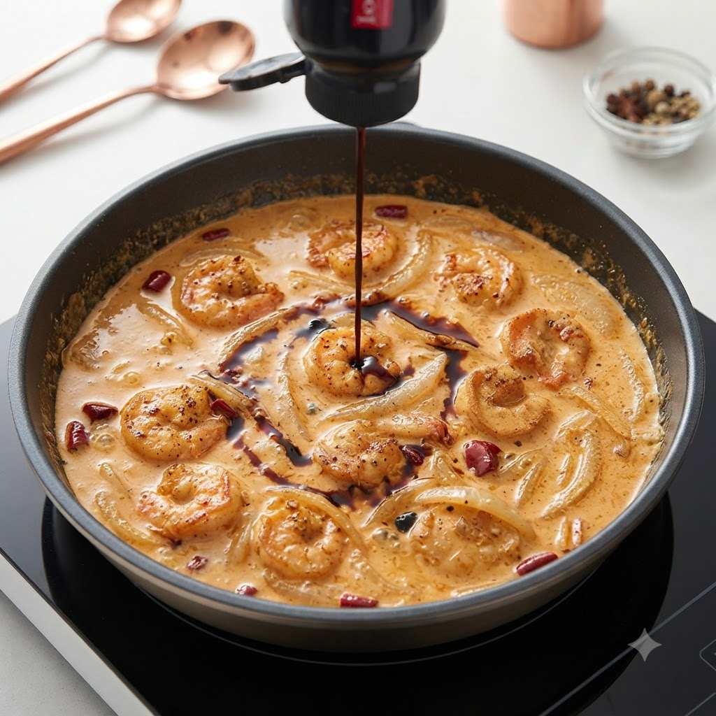 Black truffle sauce being squeezed from a bottle directly into the center of the creamy pan sauce.