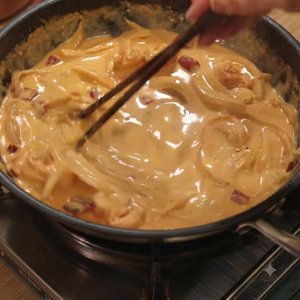 Cooked spaghetti being stirred and mixed into the creamy sauce using chopsticks.