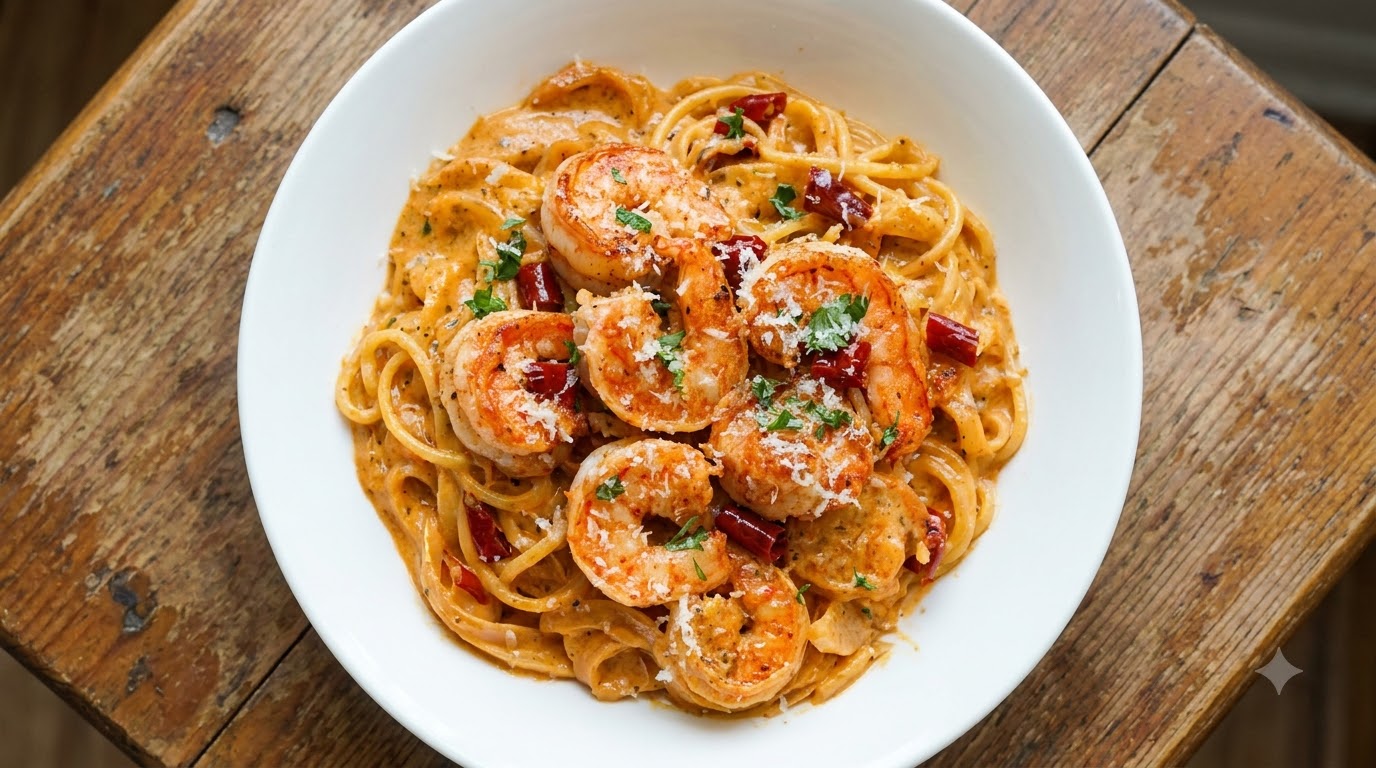 A bowl of spicy shrimp with black truffle cream pasta garnished with parmesan and parsley