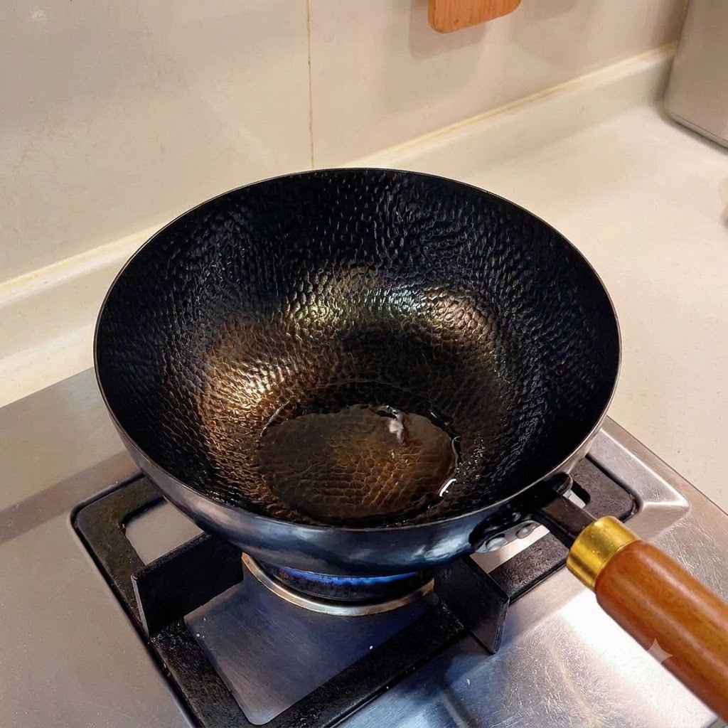 Hot oil shimmering in the black wok set over a blue flame on the stove.