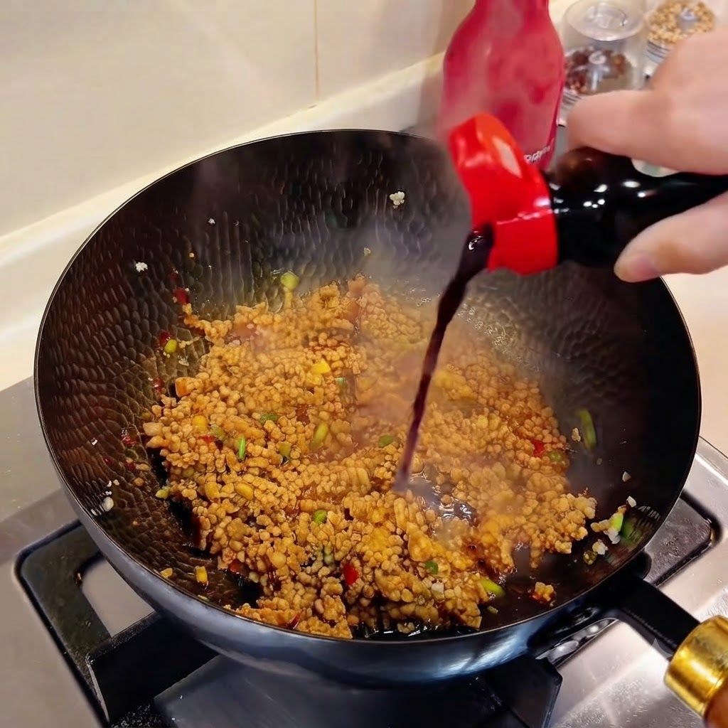 Dark soy sauce being poured from a bottle into a sizzling wok of seasoned minced meat.