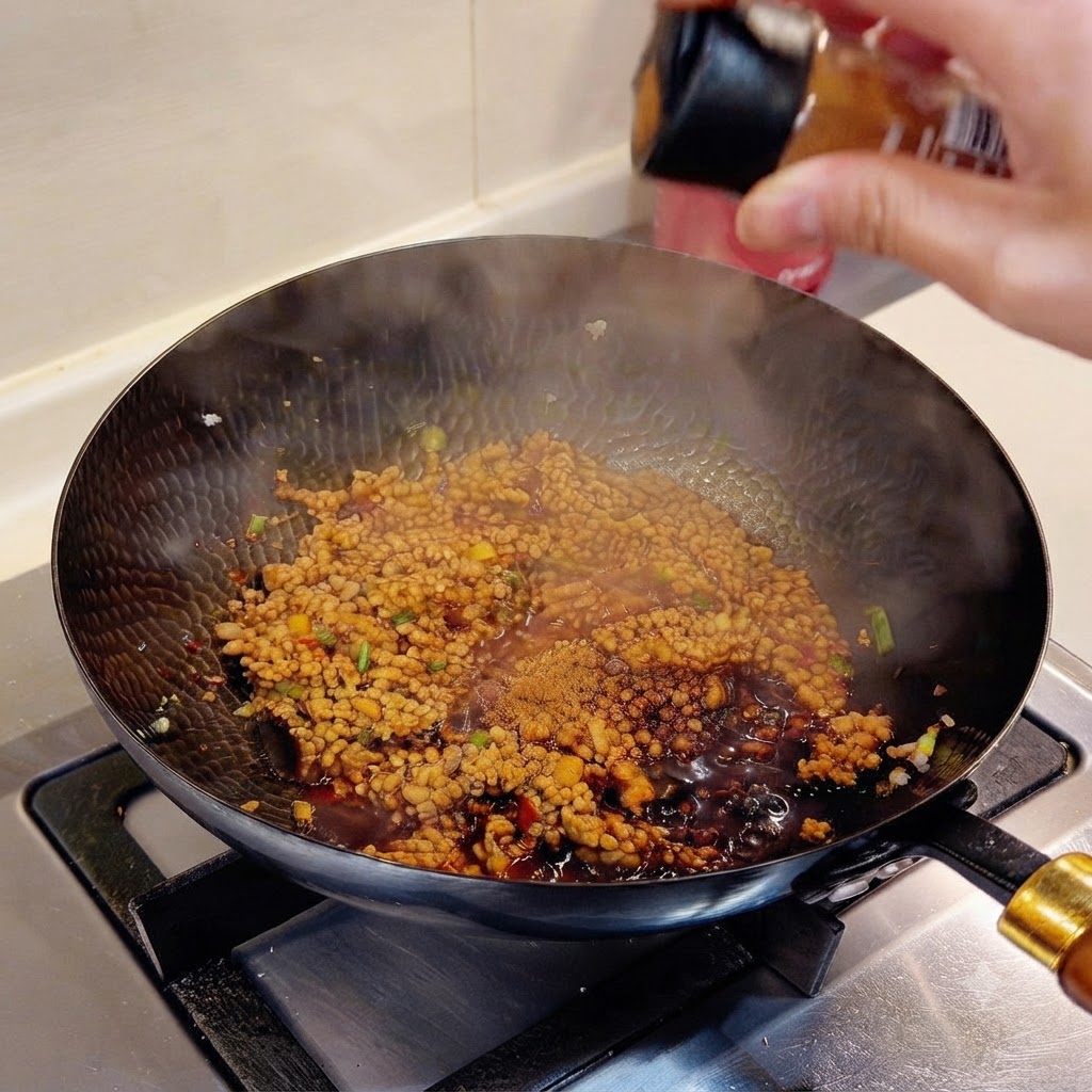 Seasoned minced meat sauce being stir-fried in a black wok with visible steam rising.