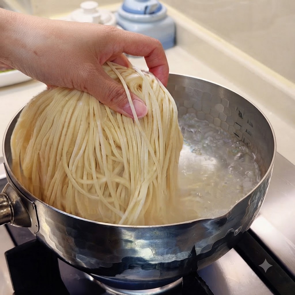 Fresh noodles being lowered into a pot of bubbling boiling water.