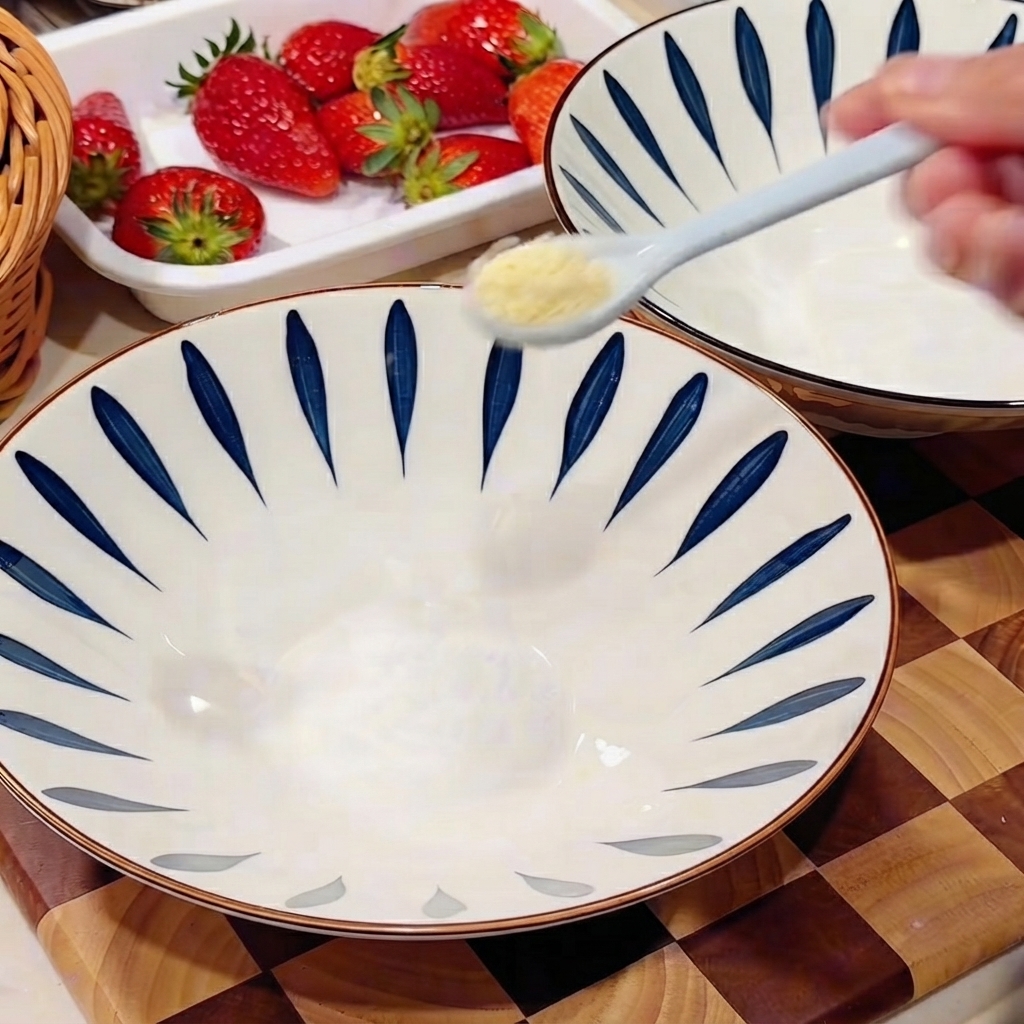 Salt and chicken bouillon being added into an empty patterned serving bowl.