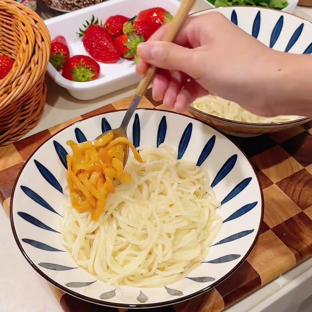 A spoonful of yellow pickled mustard tubers being added on top of a bowl of white cooked noodles.