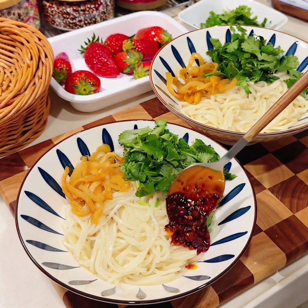 A spoonful of red chili oil being added to a bowl containing noodles, pickled mustard tubers, and chopped cilantro.