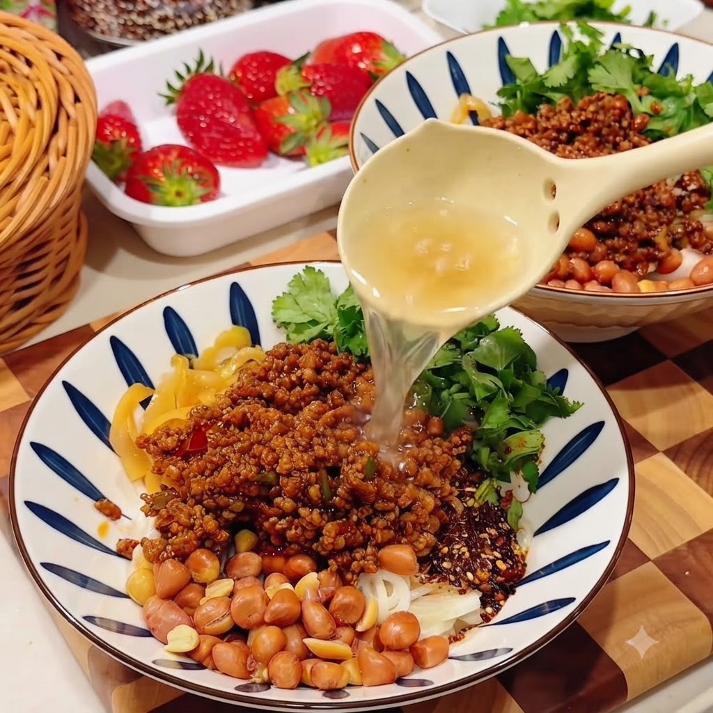 Hot noodle cooking water being poured from a ladle into a bowl loaded with meat sauce, peanuts, and toppings.