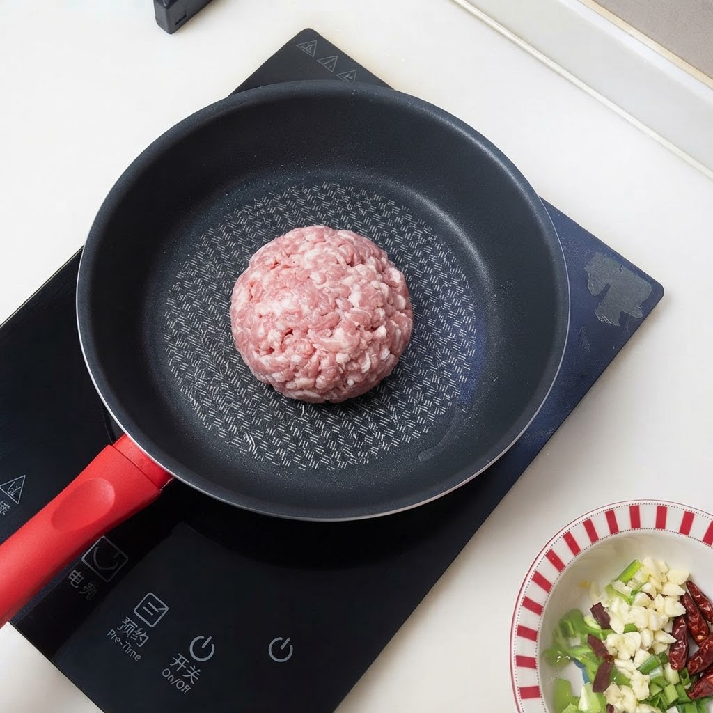 Minced pork being stir-fried in a black frying pan over an induction cooktop.