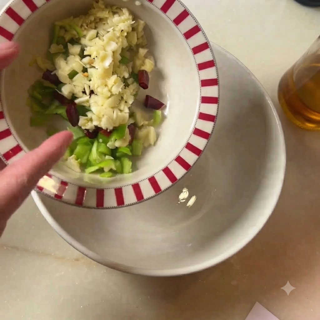 A bowl containing chopped garlic, green chilies, and dried red chili bits.