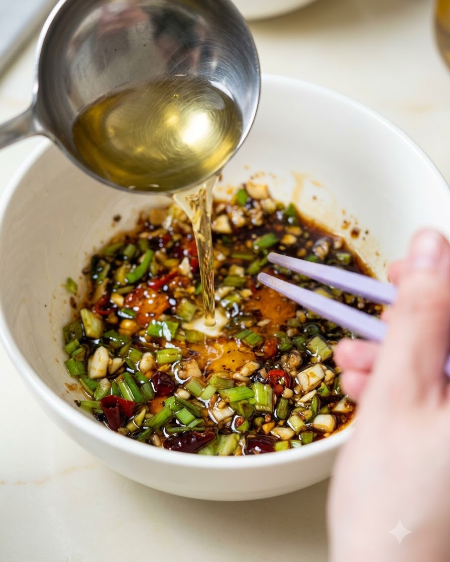 Cooked noodles being placed into a seasoned bowl using chopsticks.