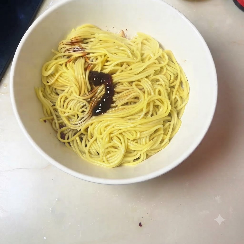 Thirteen-spice powder and sugar added over noodles inside a white bowl.