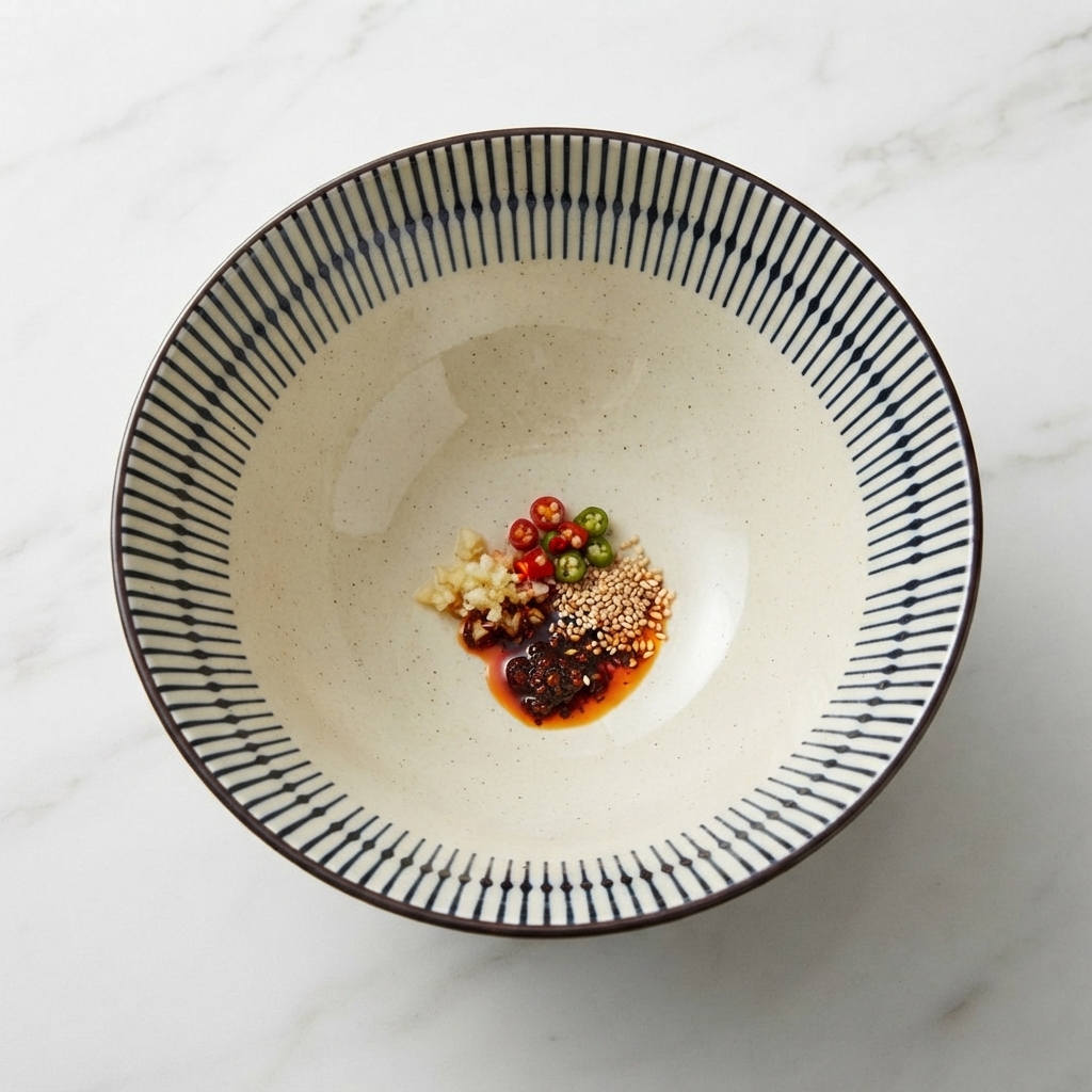 Minced garlic and sliced red and green chili peppers resting inside a ceramic bowl.