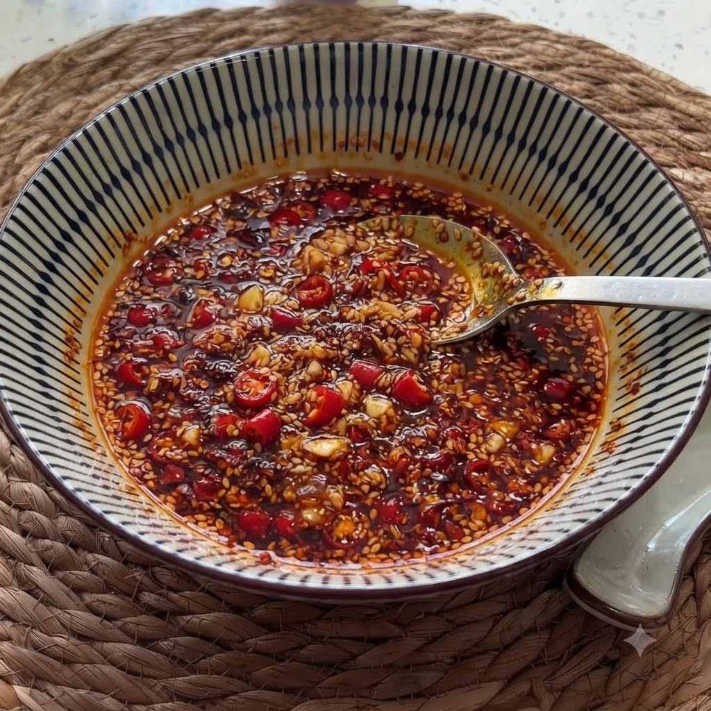 White sesame seeds and a spoonful of red chili powder added to the garlic and chili mixture in the bowl.