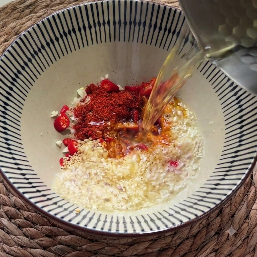 Hot oil being poured from a container into the bowl, sizzling over the garlic, sesame seeds, and chili powder.