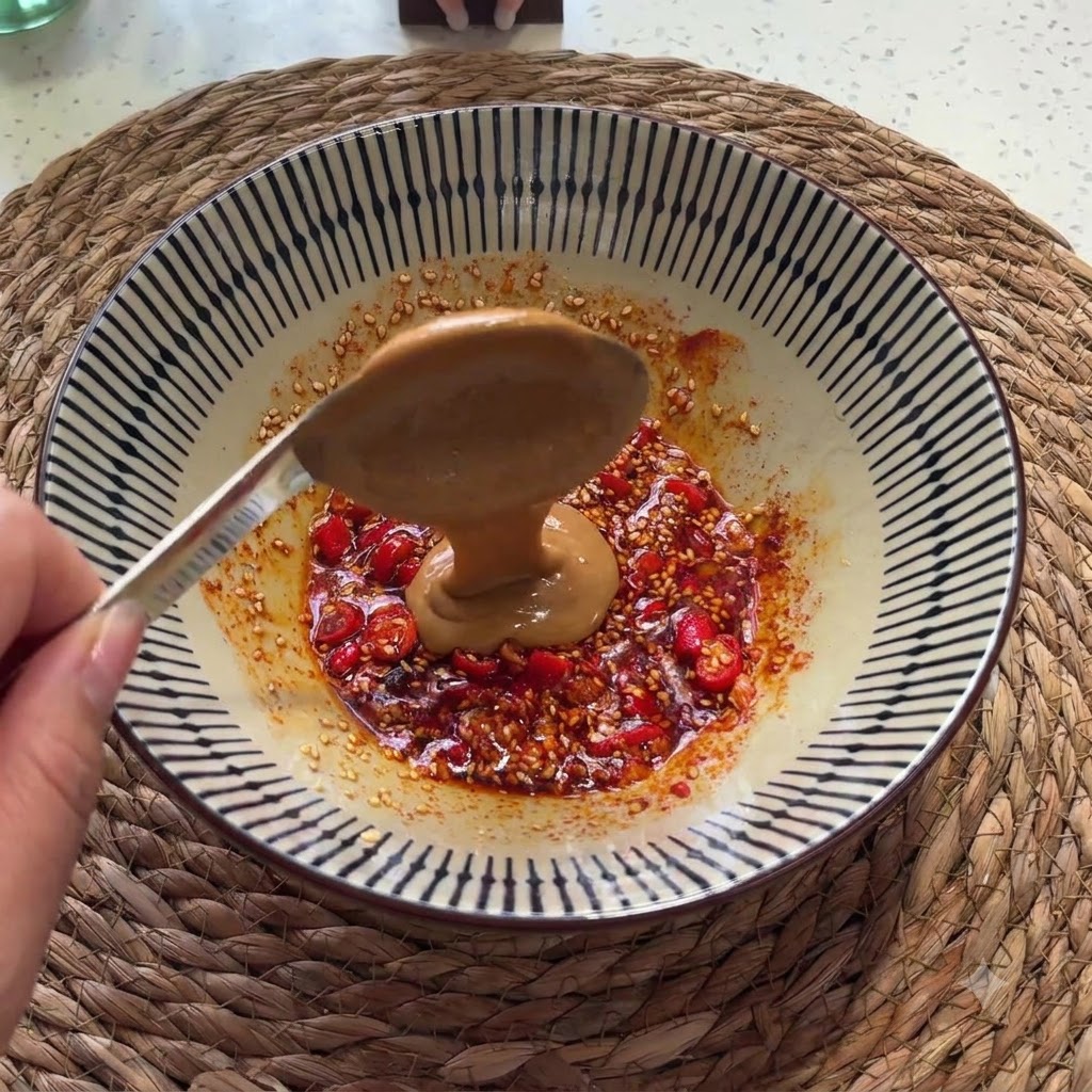 Erba paste being spooned into the seasoned oil mixture inside the bowl.