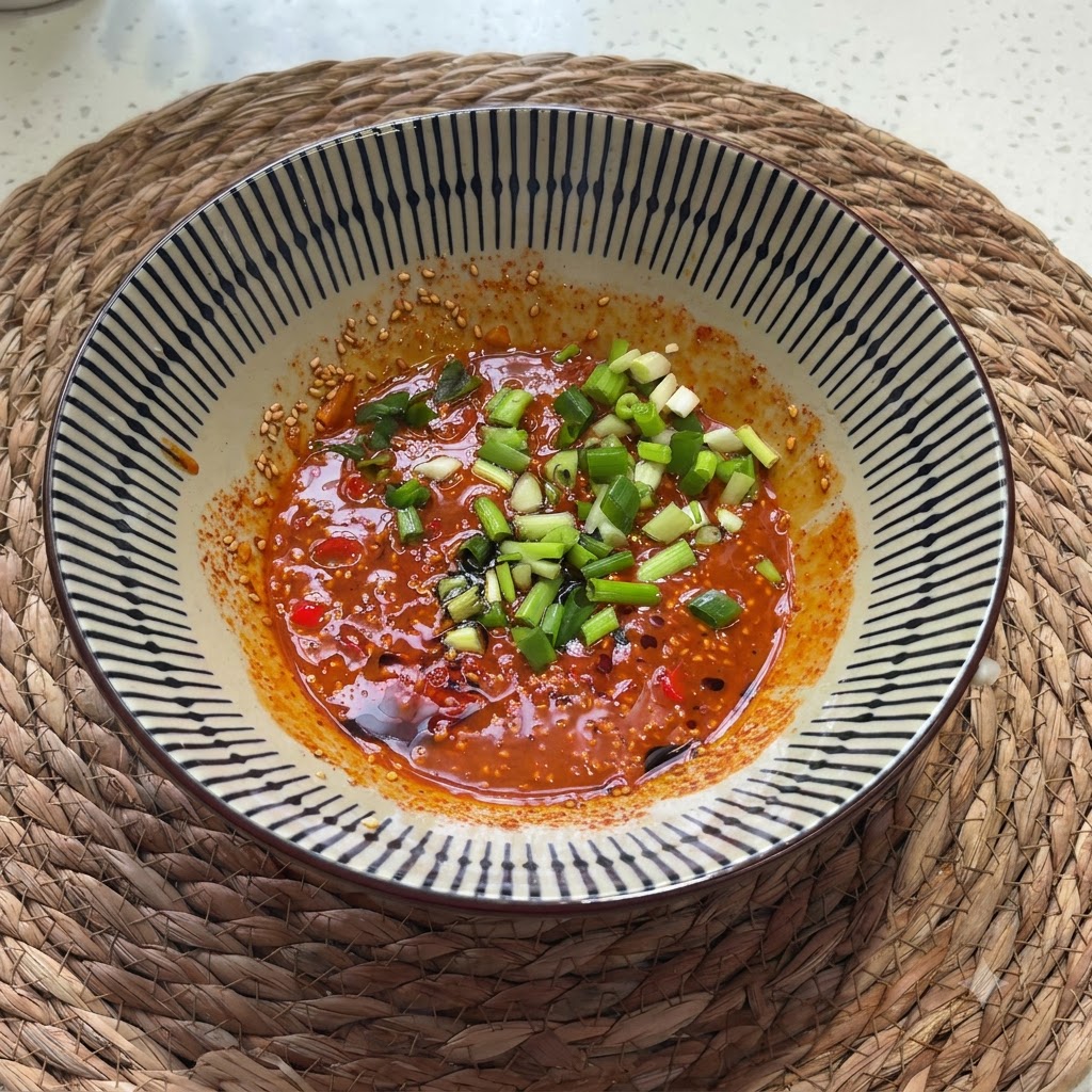Chopped green onions and cilantro scattered over the sauce mixture in the bowl.